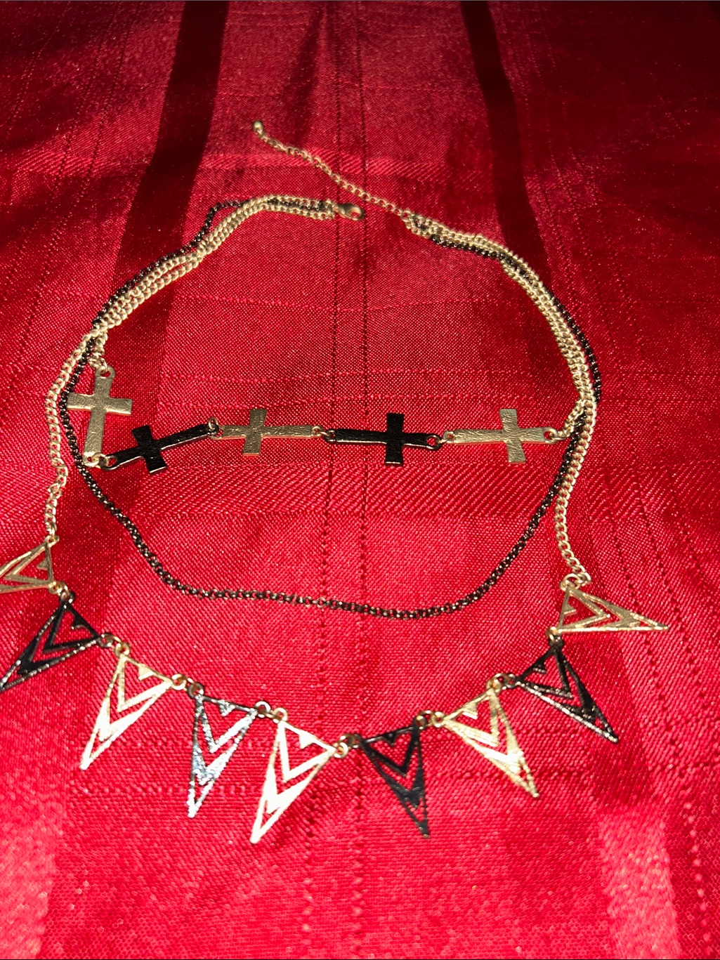 Gold Tone And Black Layered Cross & Chevron Necklace - Women Jewelry